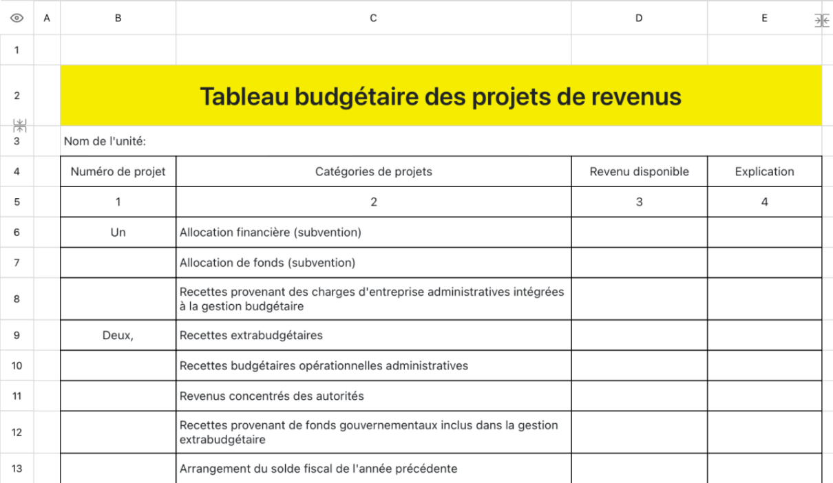 Tableau budgétaire des projets de revenus